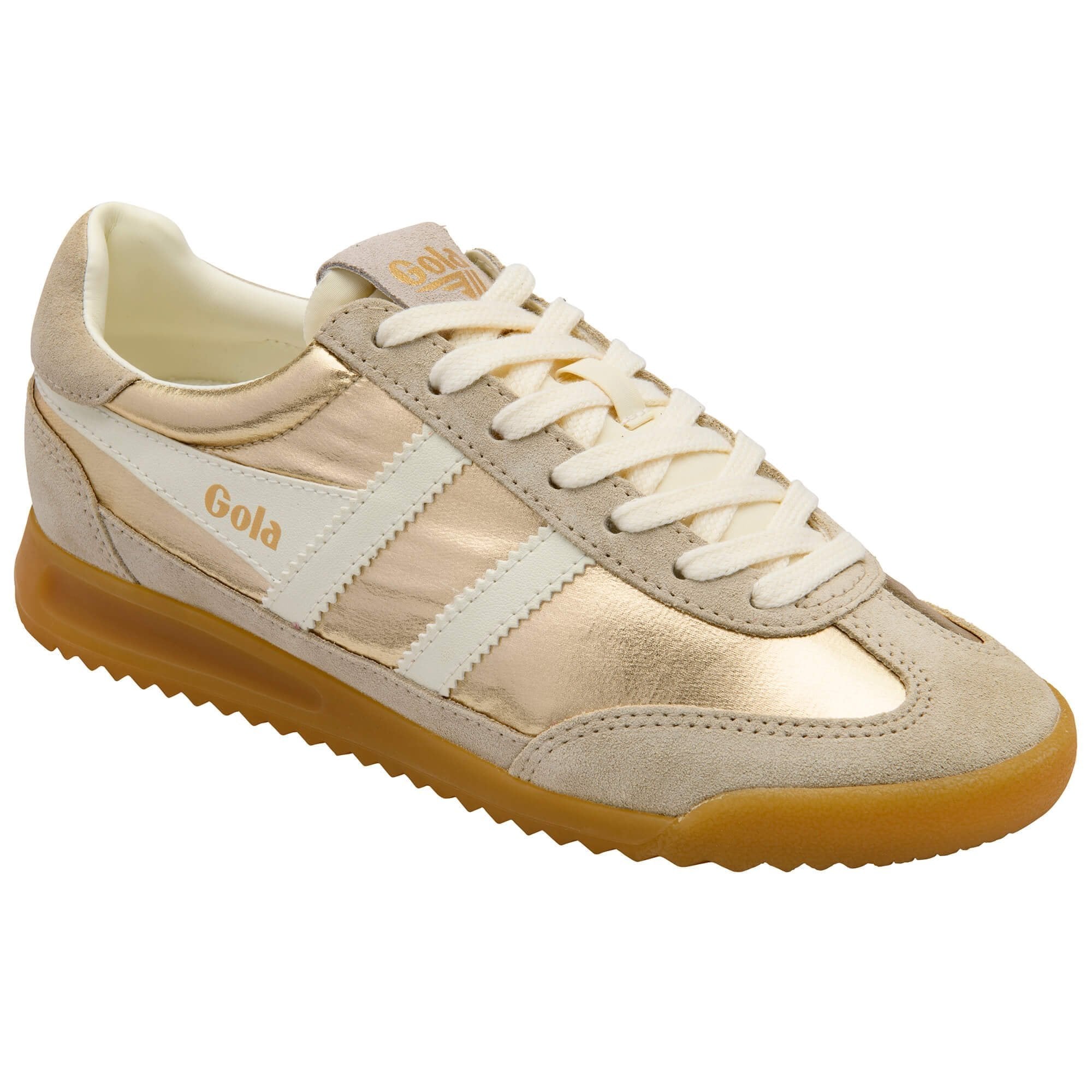 Beige sneaker with white laces on a white background