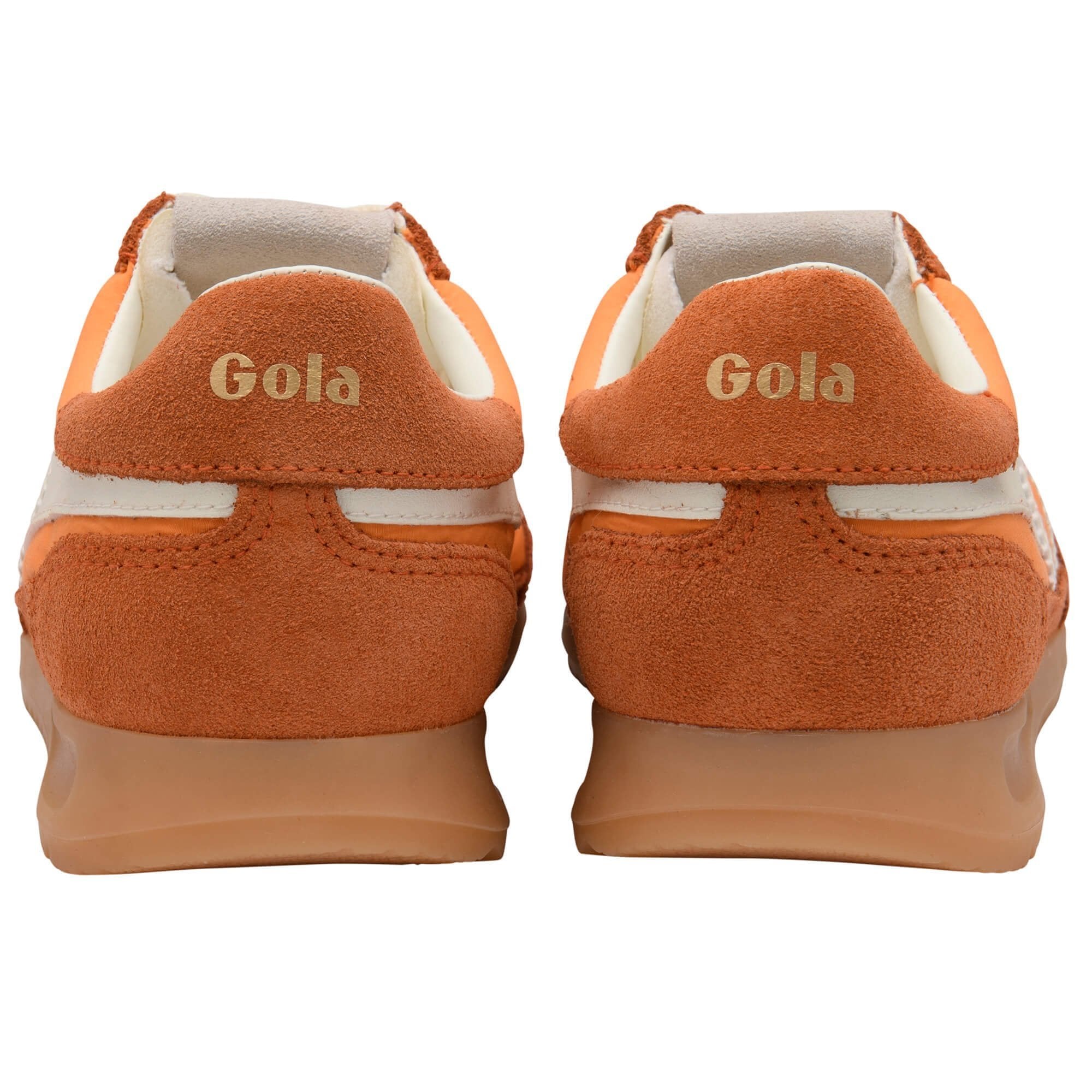 Orange Gola shoes shown from the back on a white background