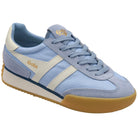 Light blue sneaker with brown sole on a white background