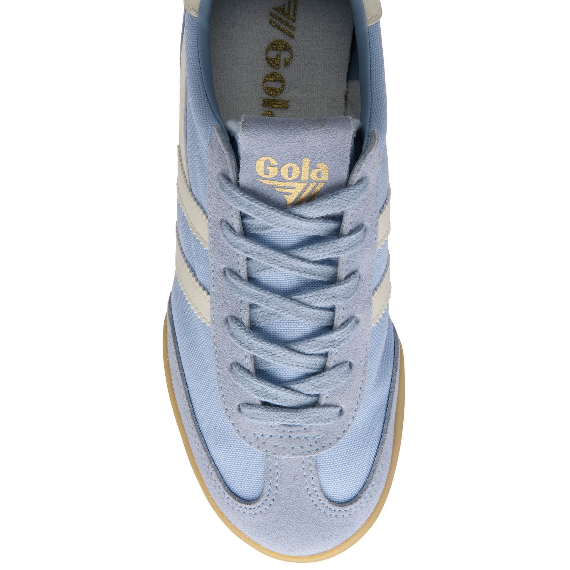 Light blue sneaker with white laces and sole on a white background
