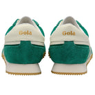 Green and white Gola sneakers shown from the back on a white background