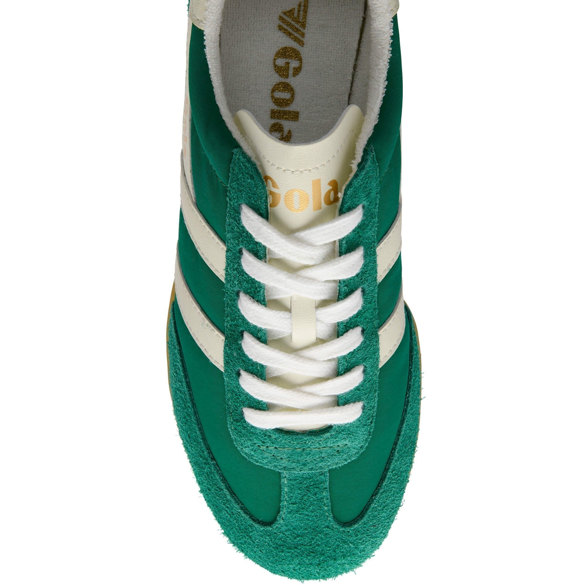 Green and white sneaker with visible branding on a white background