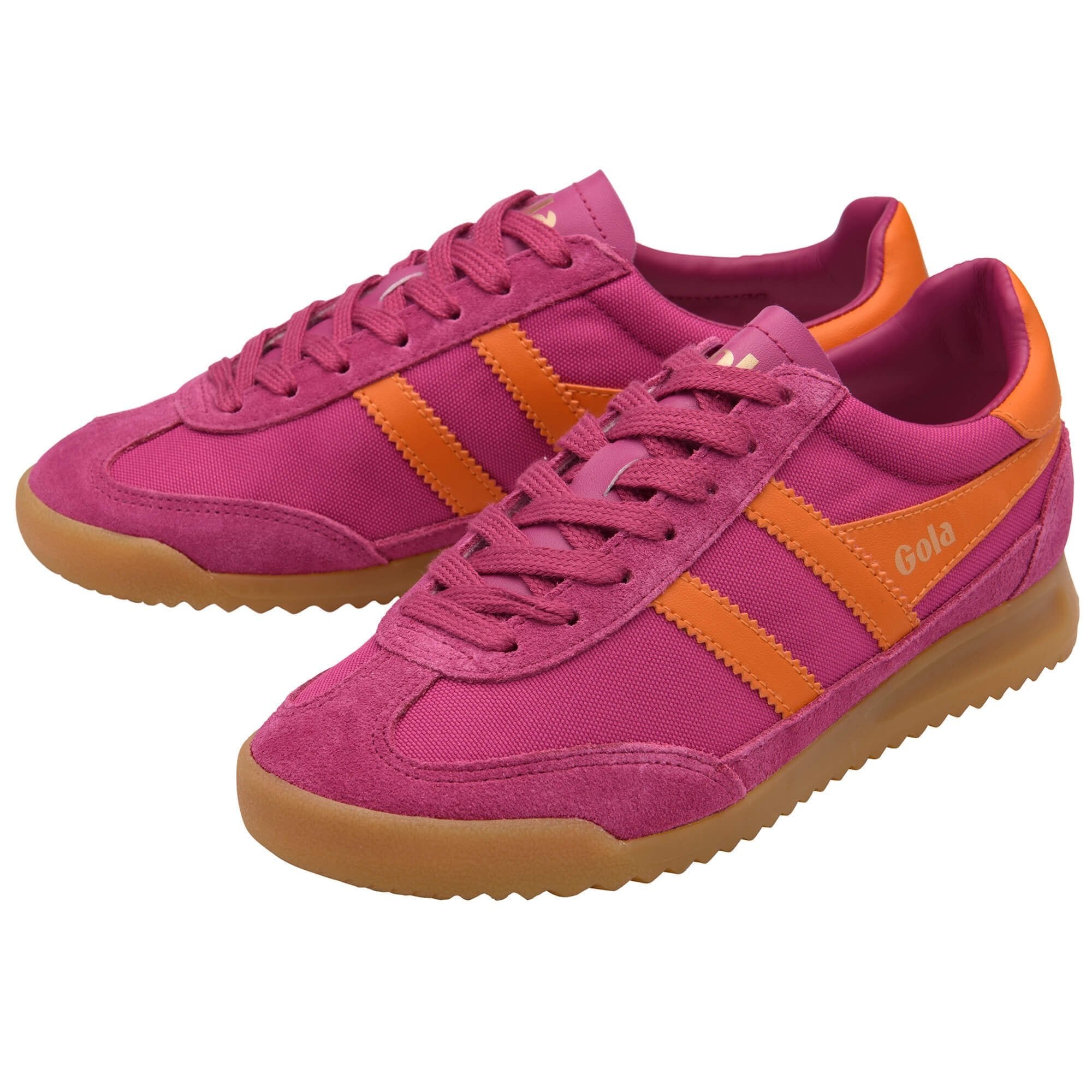 Pink sneakers with orange stripes on a white background