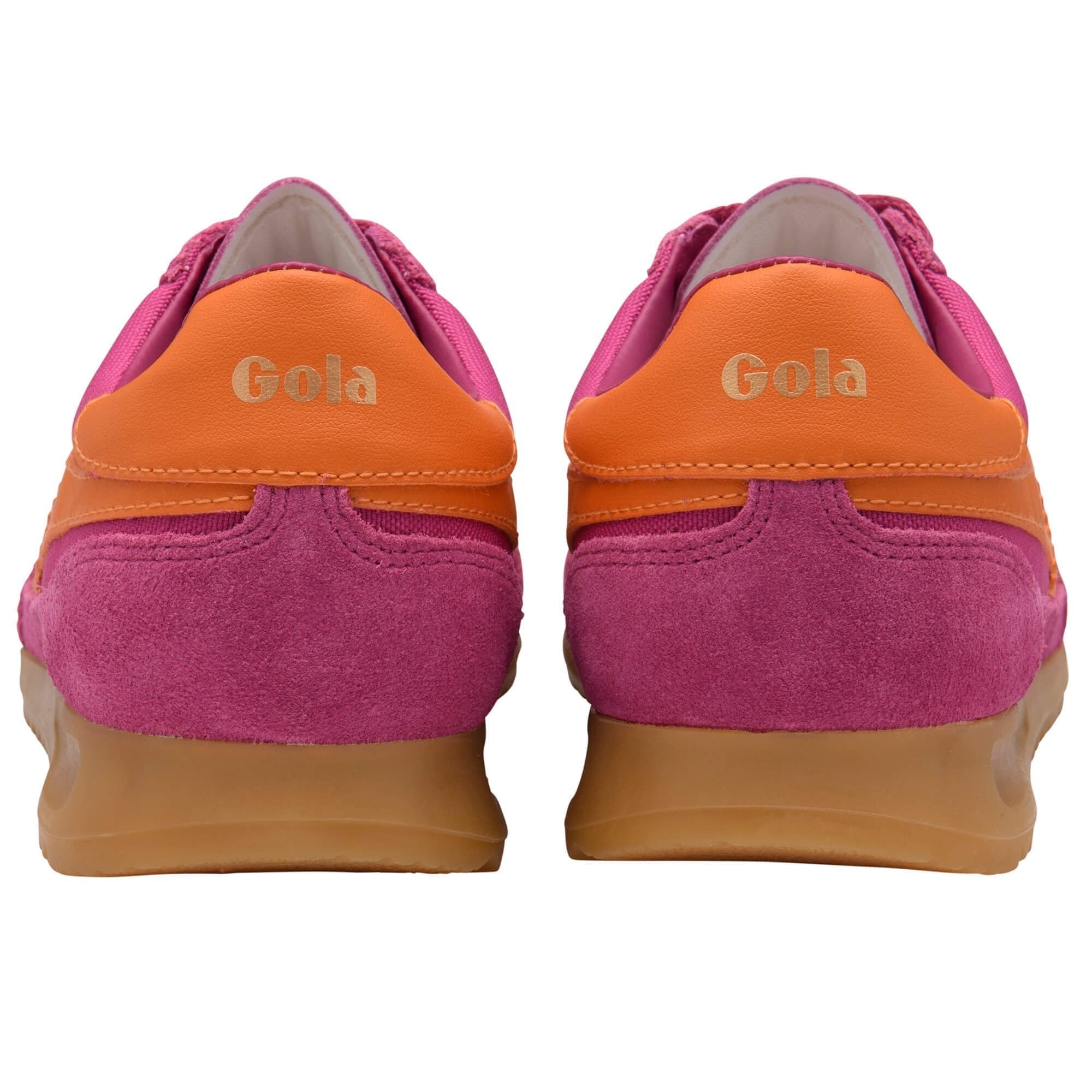 Pink sneakers with orange accents and 'Gola' branding on a white background