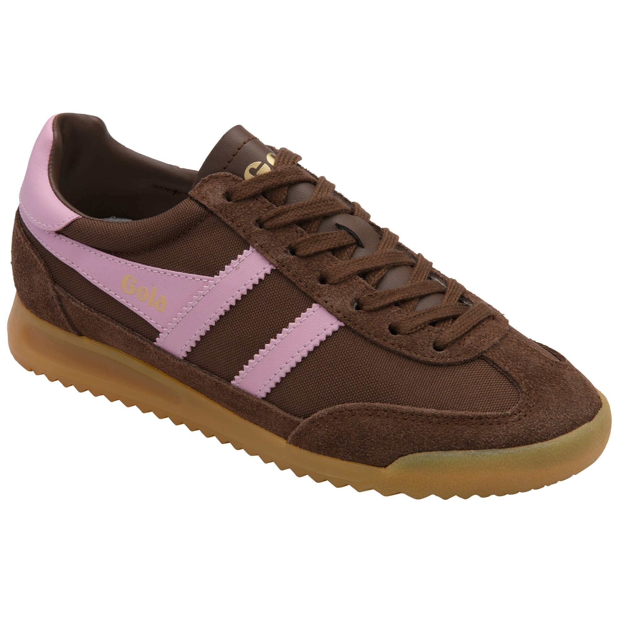 Brown and pink sneaker with a white background