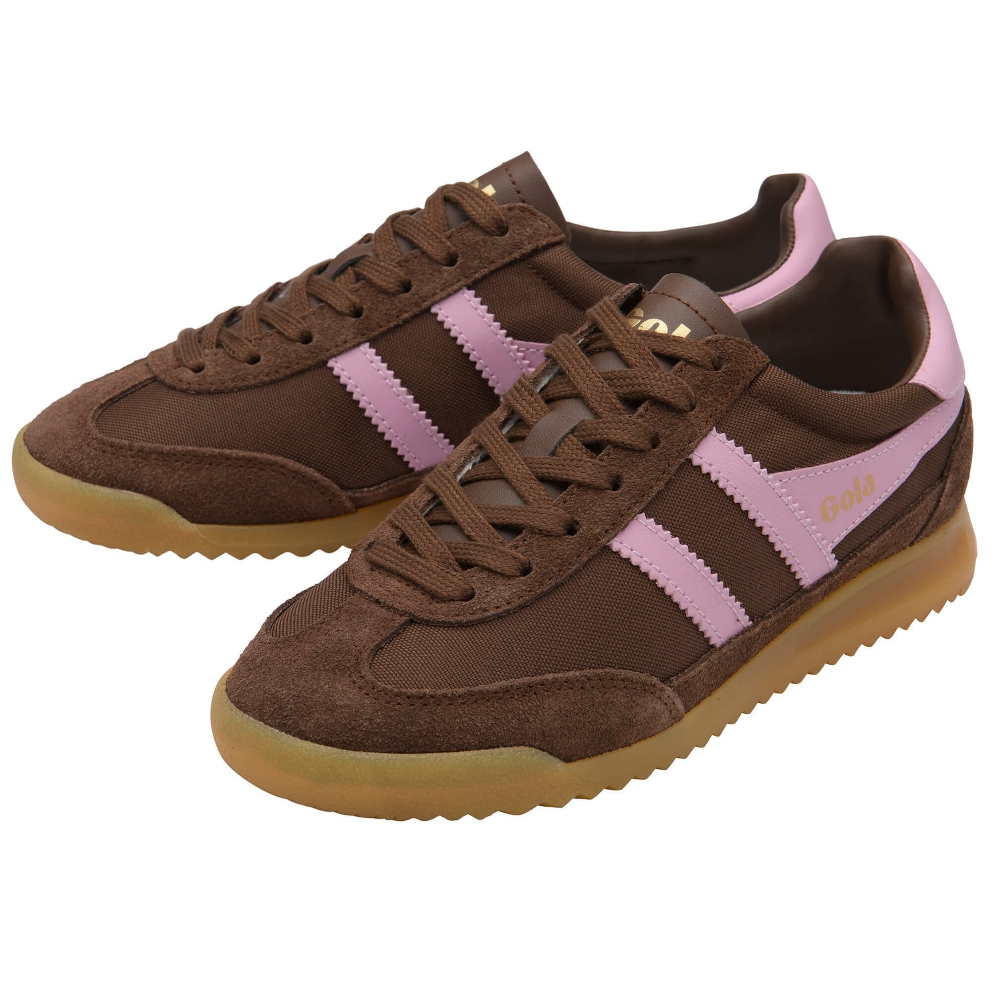 Brown sneakers with pink stripes on a white background