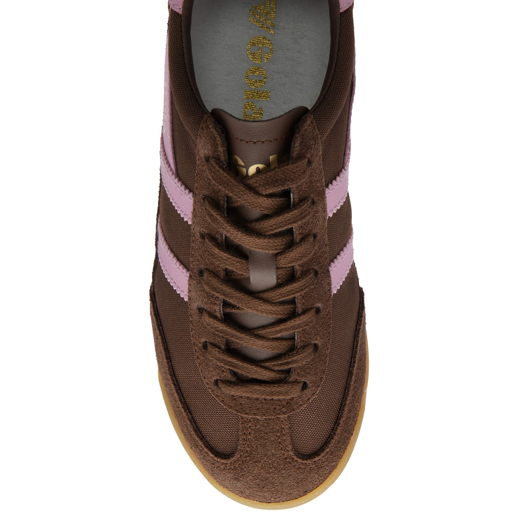 Brown and pink Gola shoes on a white background