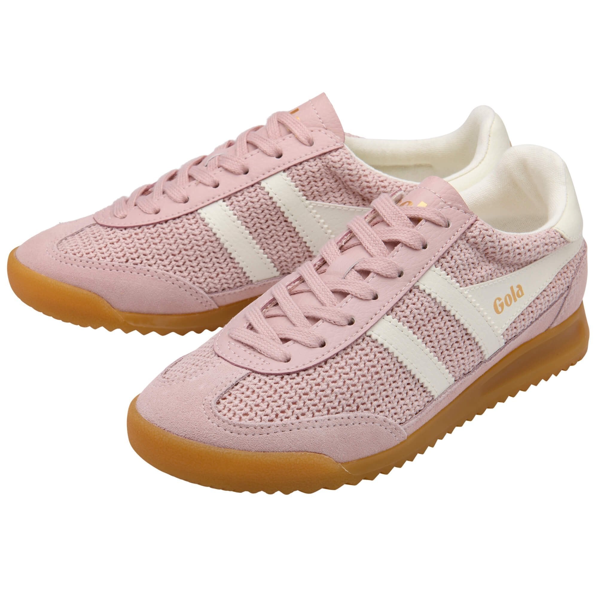 Pair of Pink Gola sneakers shown from the back on a white background
