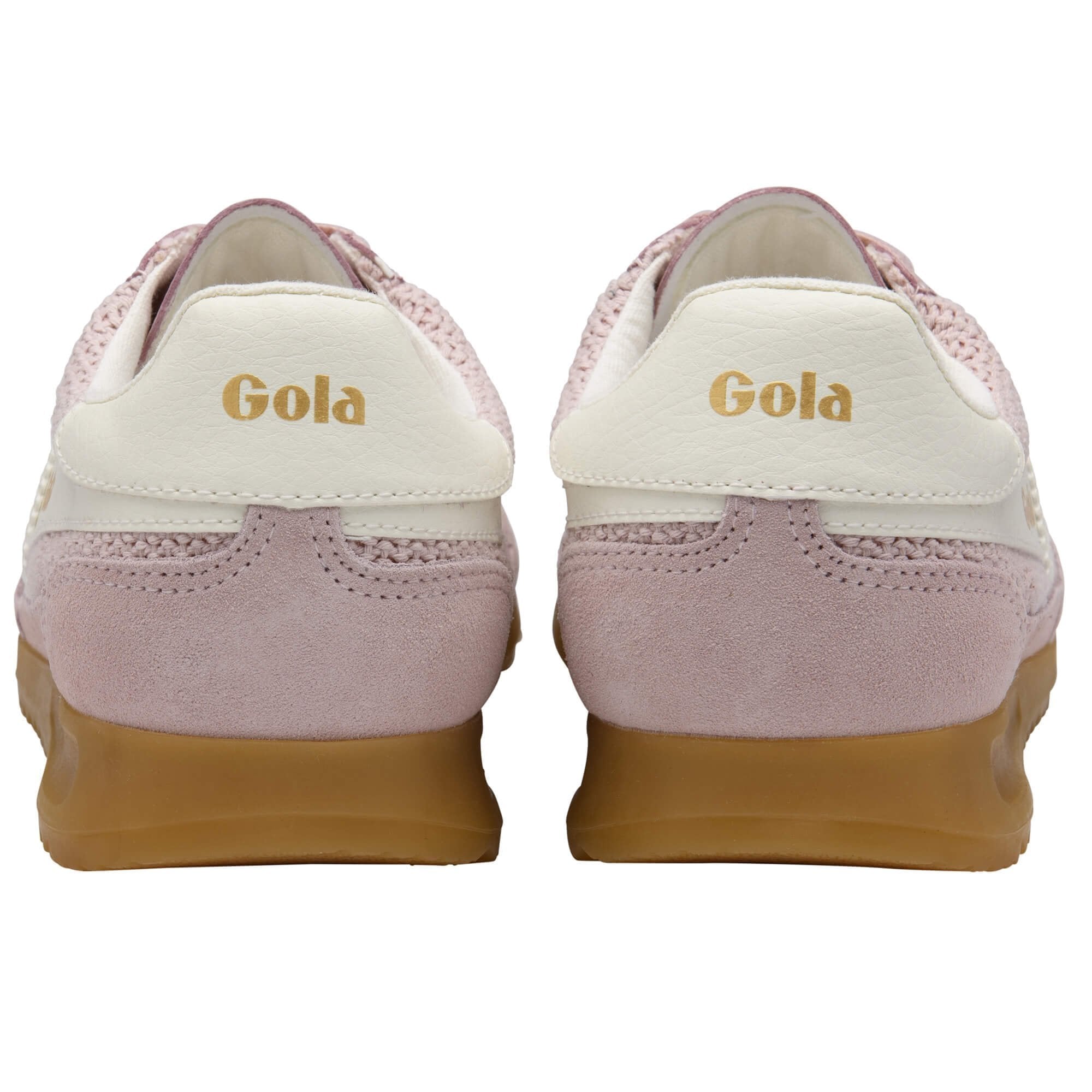 Pair of Pink Gola sneakers shown from the back on a white background