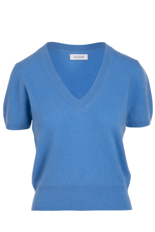 Cashmere Short Sleeve Cropped V Neck Pullover - Powder Blue