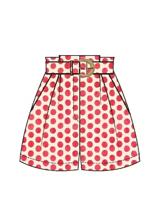 Red polka dot shorts with a belt on a white background