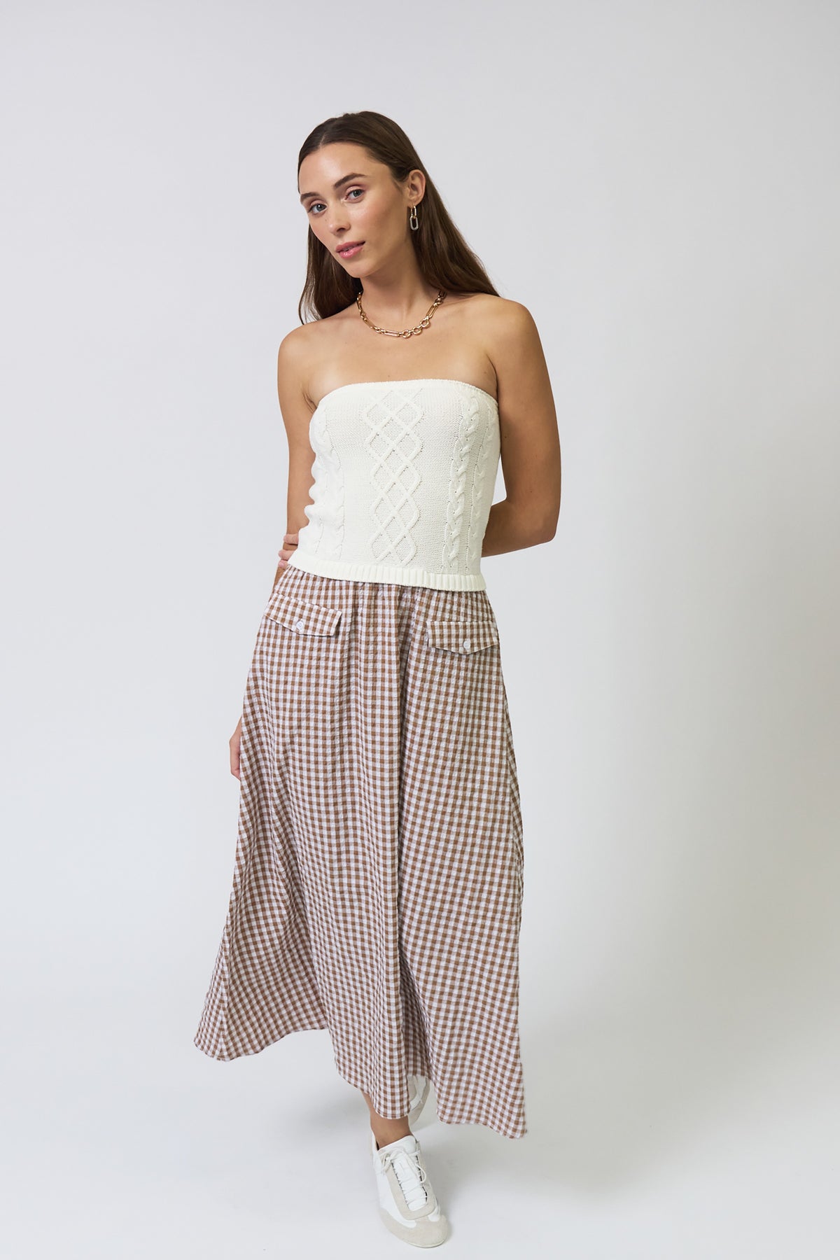 brown gingham strapless dress Central Park West Laurel Cable Two For Color:B