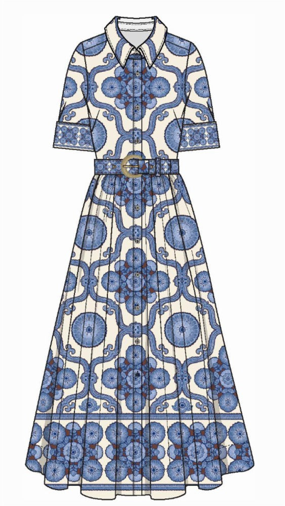 Blue and white patterned dress on a white background