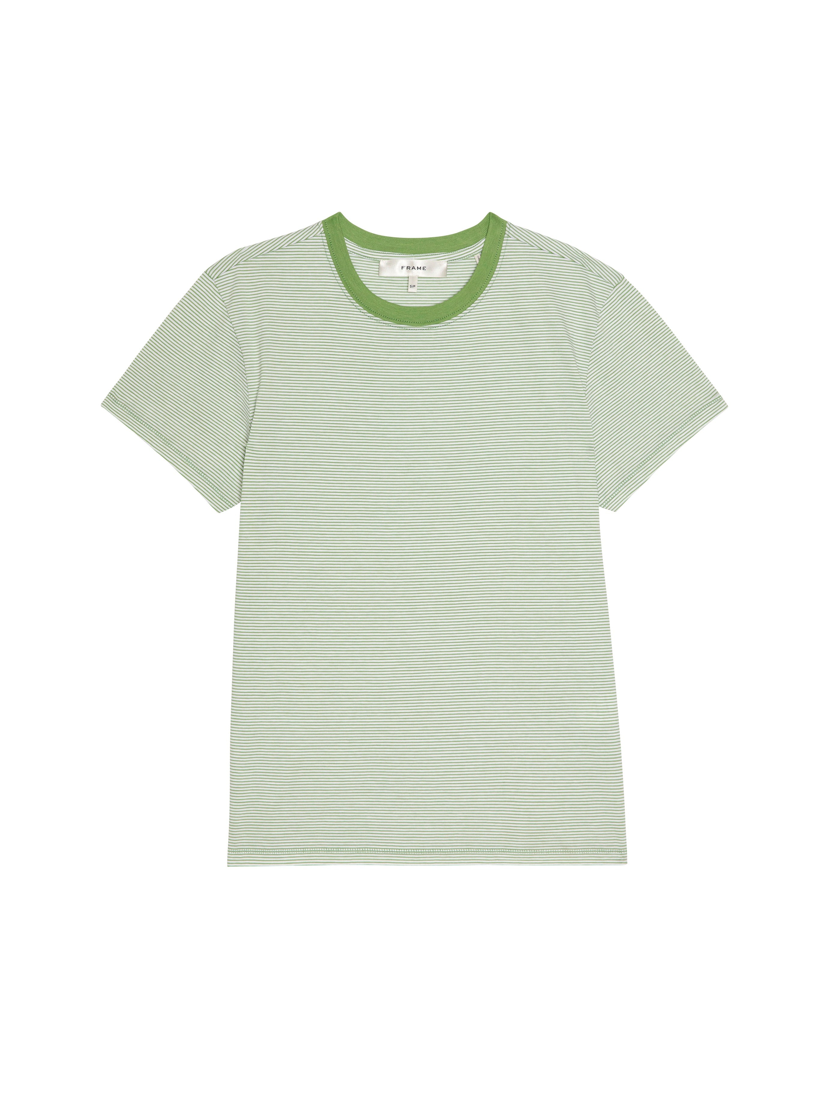 Green and white striped t-shirt on a white background