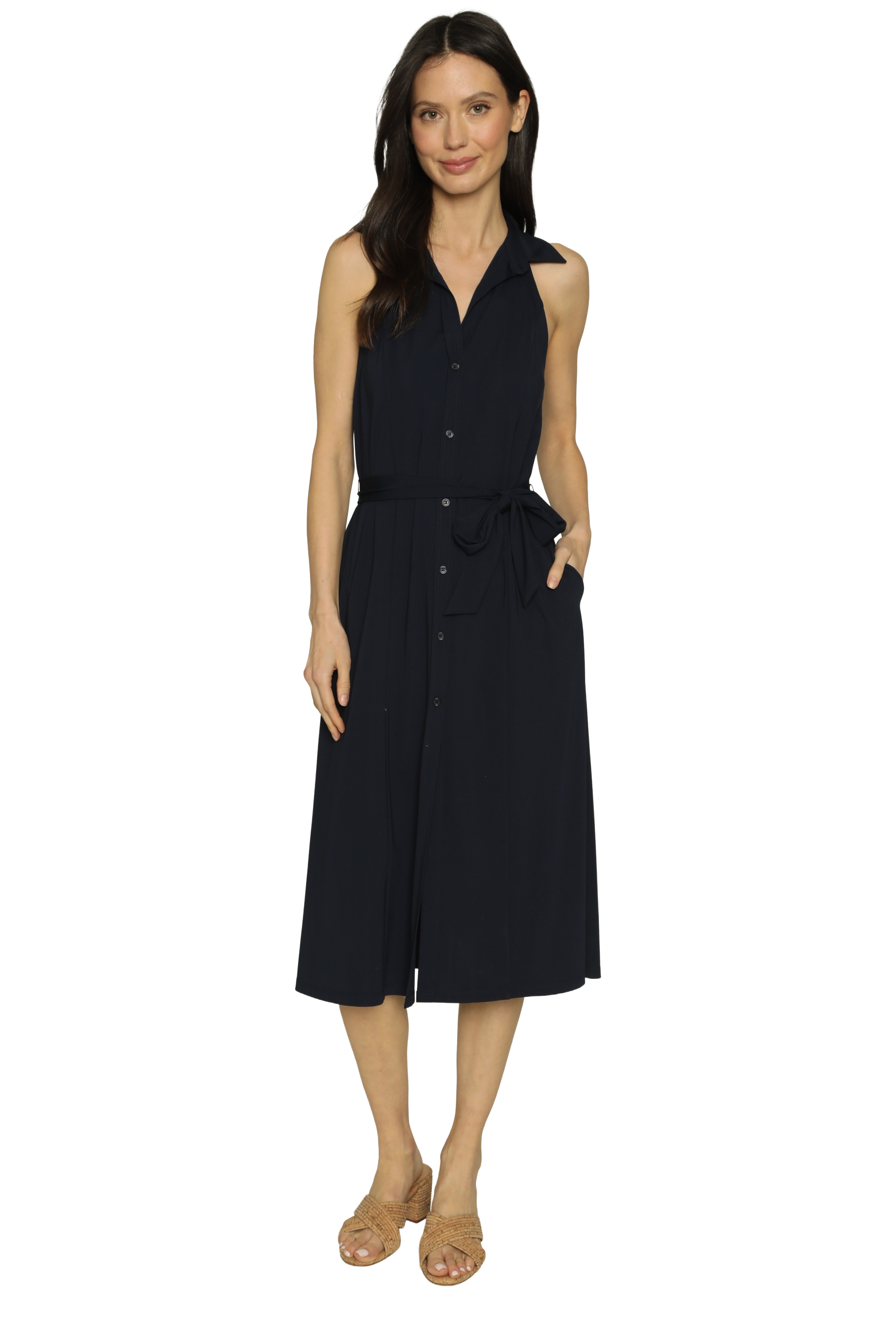 Woman wearing a black sleeveless dress on a white background