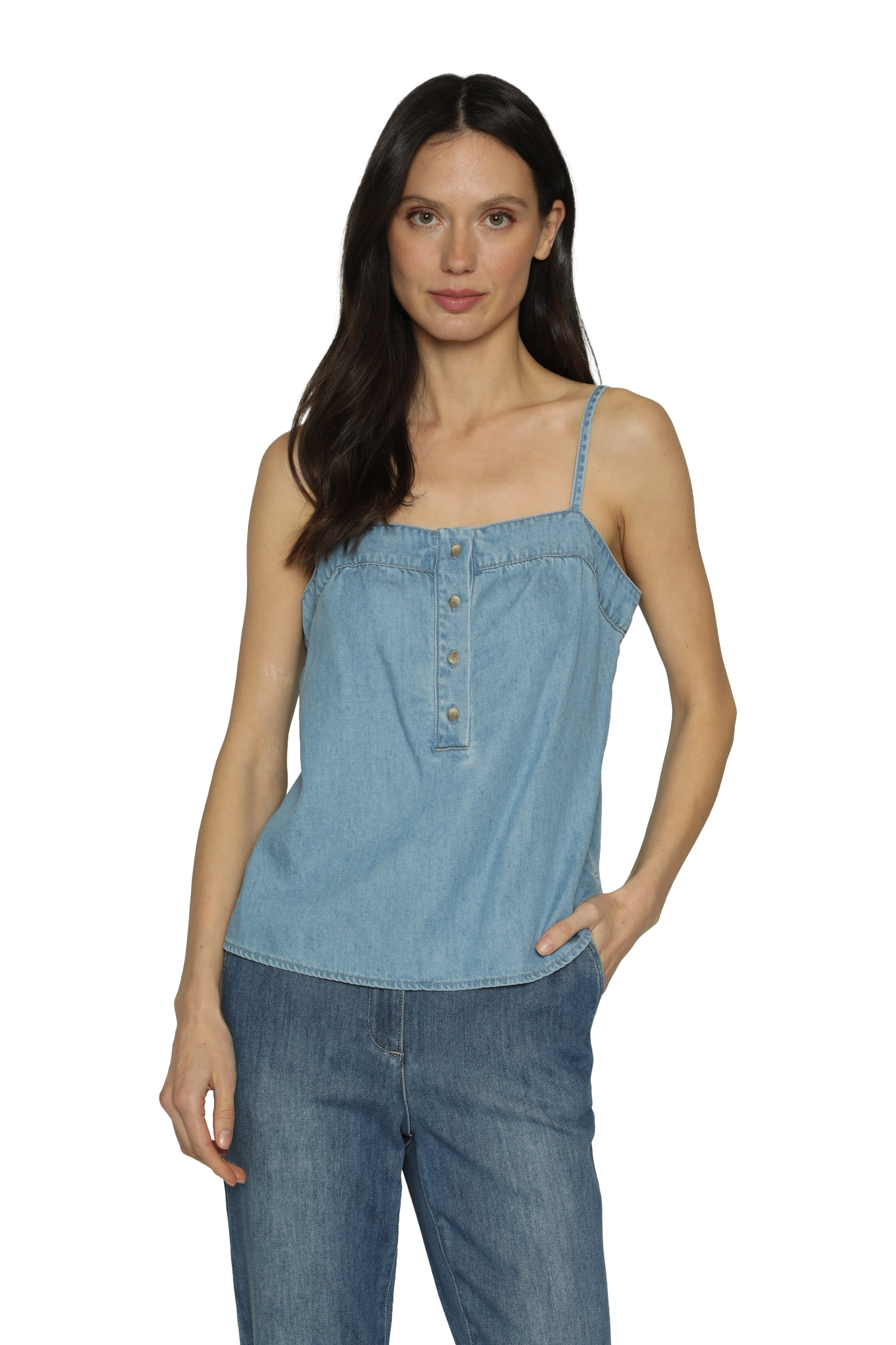 Woman wearing a blue denim tank top and jeans on a white background