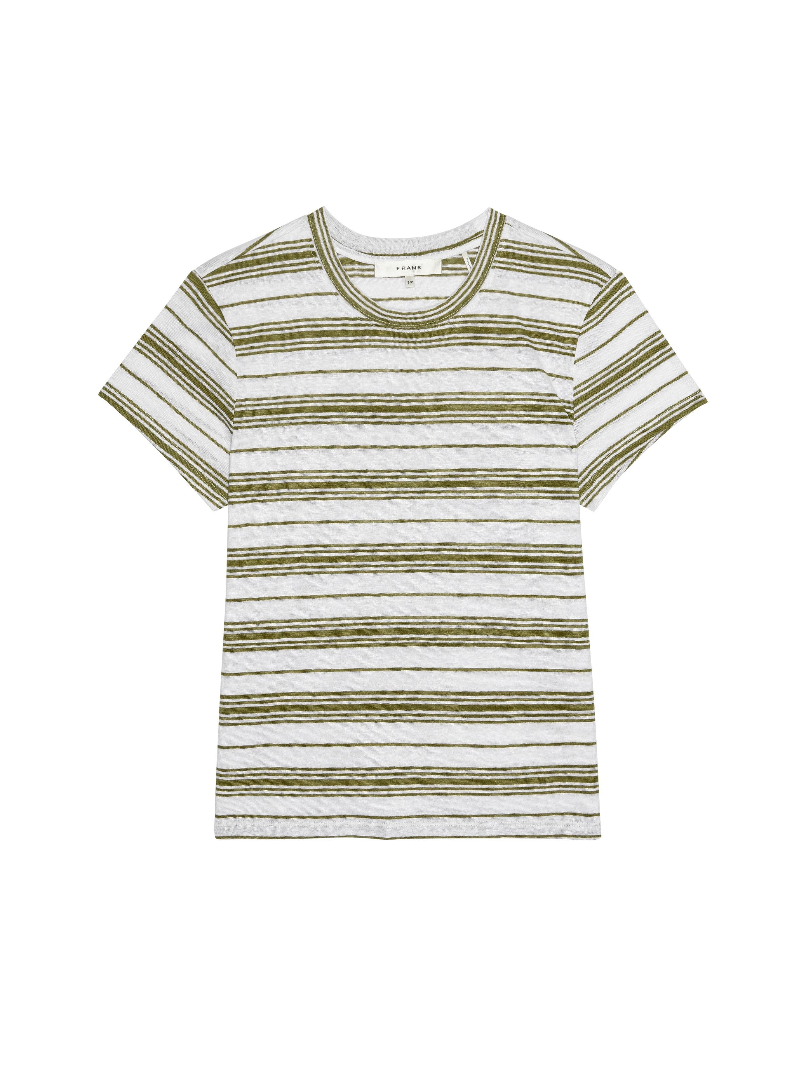 Striped t-shirt with green and white horizontal stripes on a white background