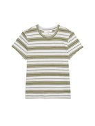 Striped t-shirt with green and white horizontal stripes on a white background