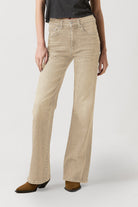 Beige jeans worn by a person on a white background
