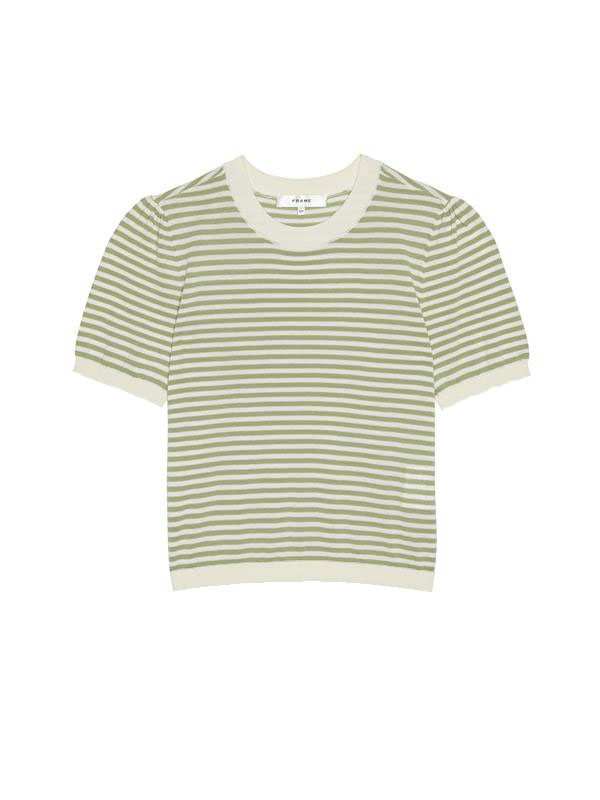 Green and white striped t-shirt on a white background