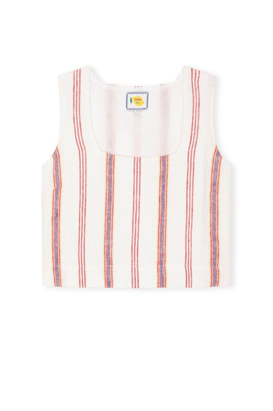 Striped tank top with a brand logo on a white background
