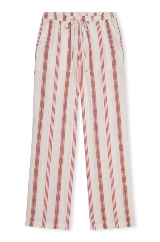 Striped pants with red and blue lines on a white background