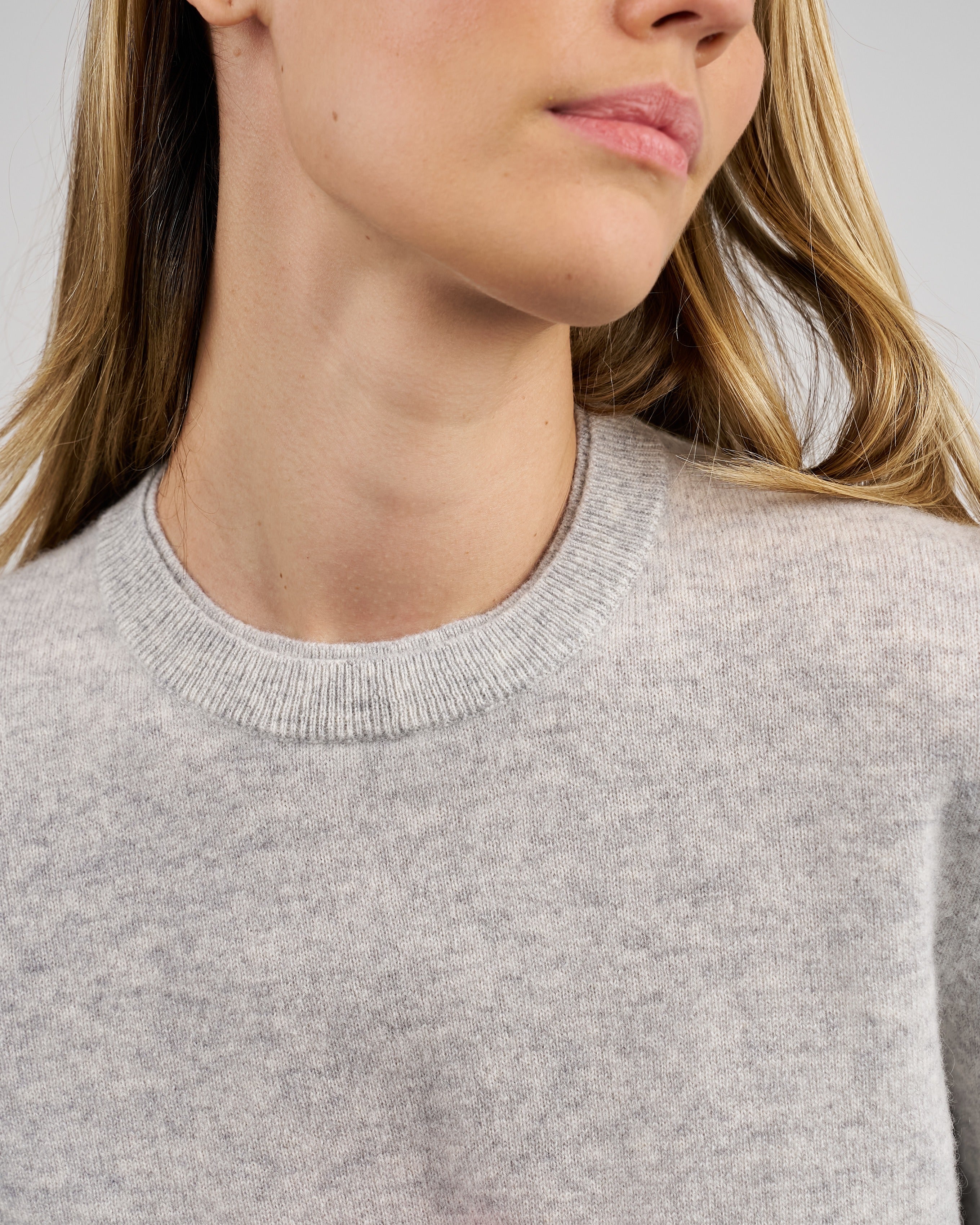 Close-up of a model wearing a light gray crewneck knit sweater, showing the ribbed collar and fine heathered texture.