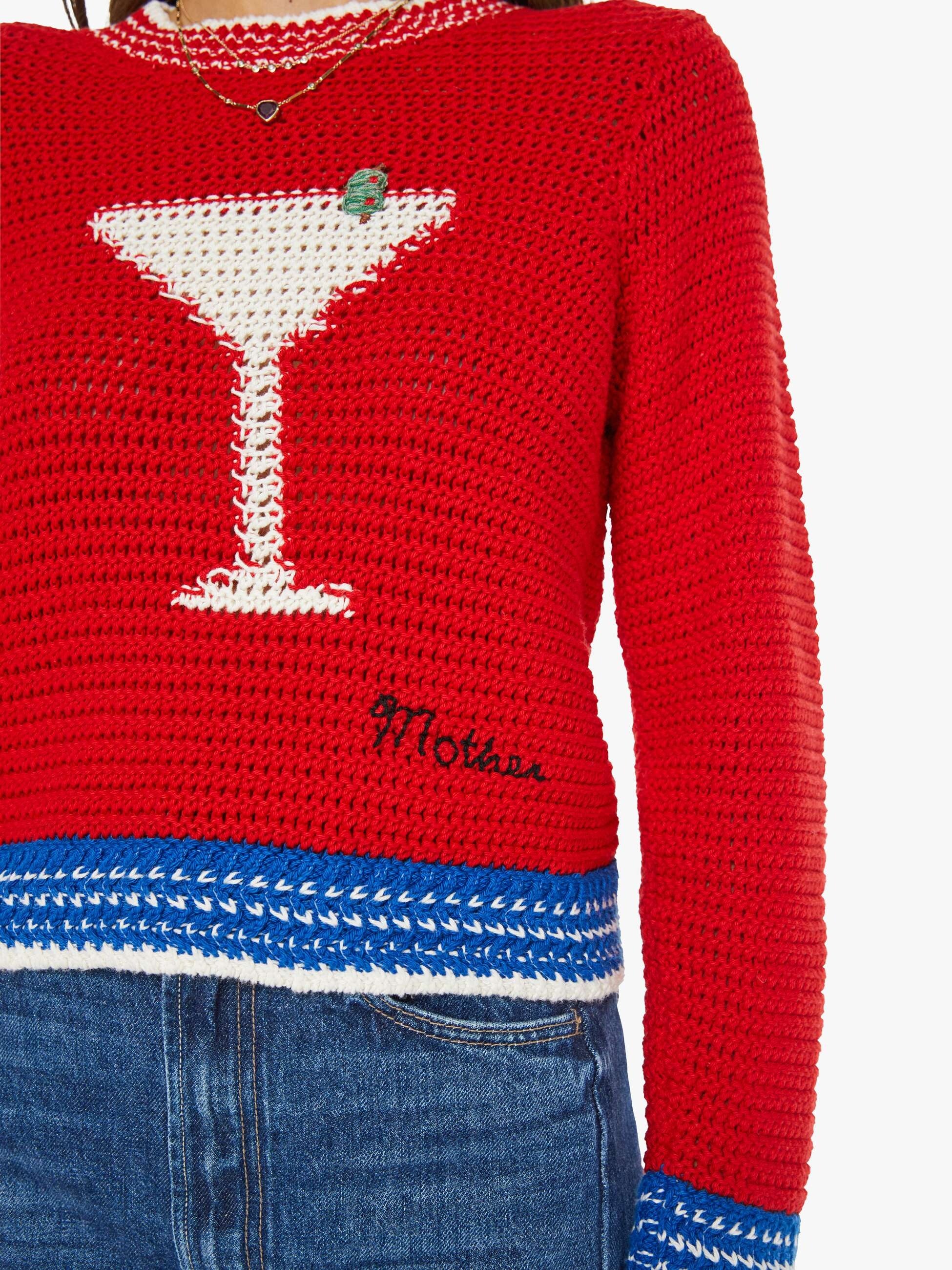 Red sweater with a martini glass design and 'Molotov' text on a white background