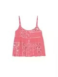 Pink tank top with lace details on a white background