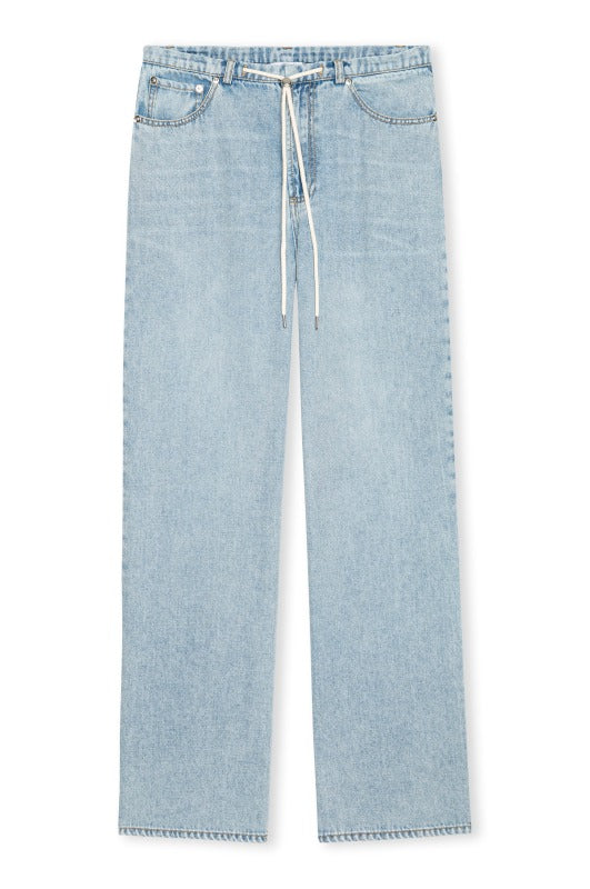 Light blue jeans with a drawstring on a white background