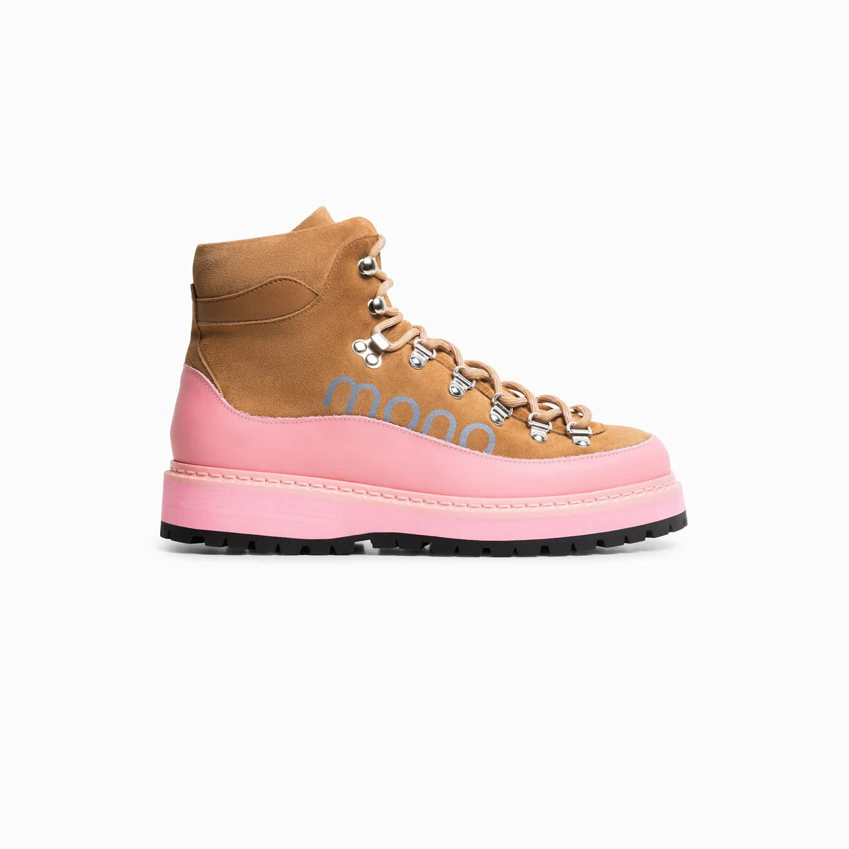 Pink and brown boot with 'moncler' branding on a white background