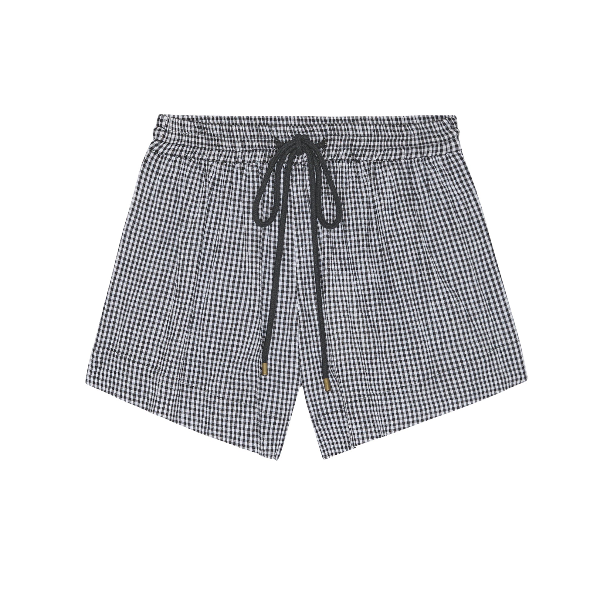 Black and white checkered shorts with a drawstring on a white background