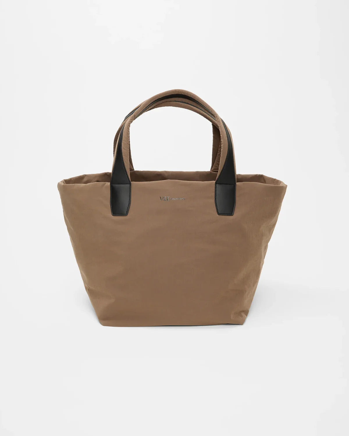 Brown tote bag with black handles on a white background