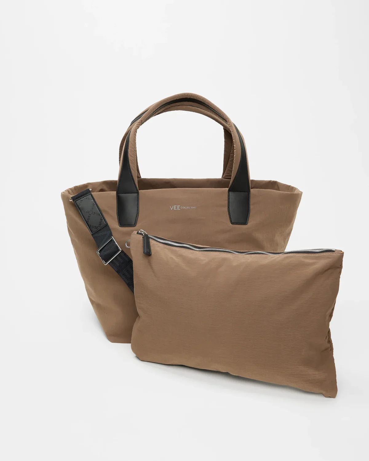 Brown tote bag with black accents on a white background