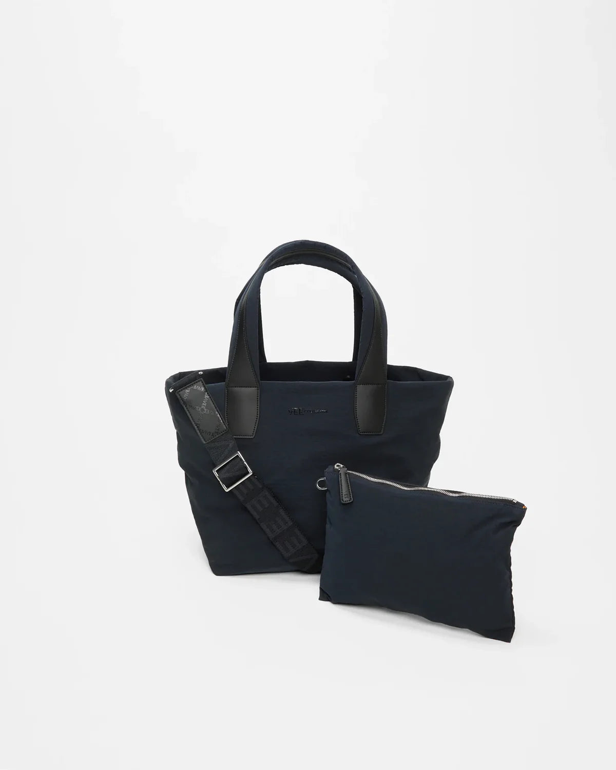 Black tote bag with a smaller black pouch on a white background