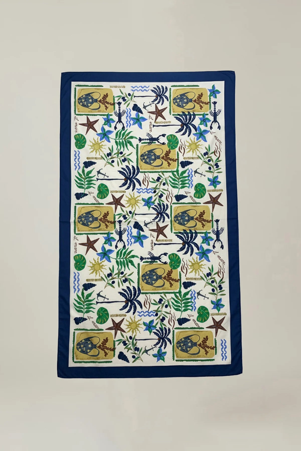 Decorative towel with colorful patterns on a plain background