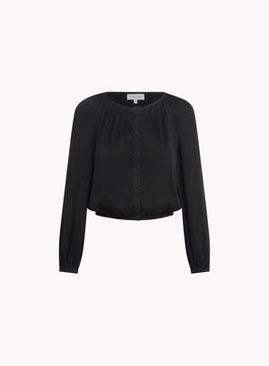 Shirred Button Front Blouse-Black