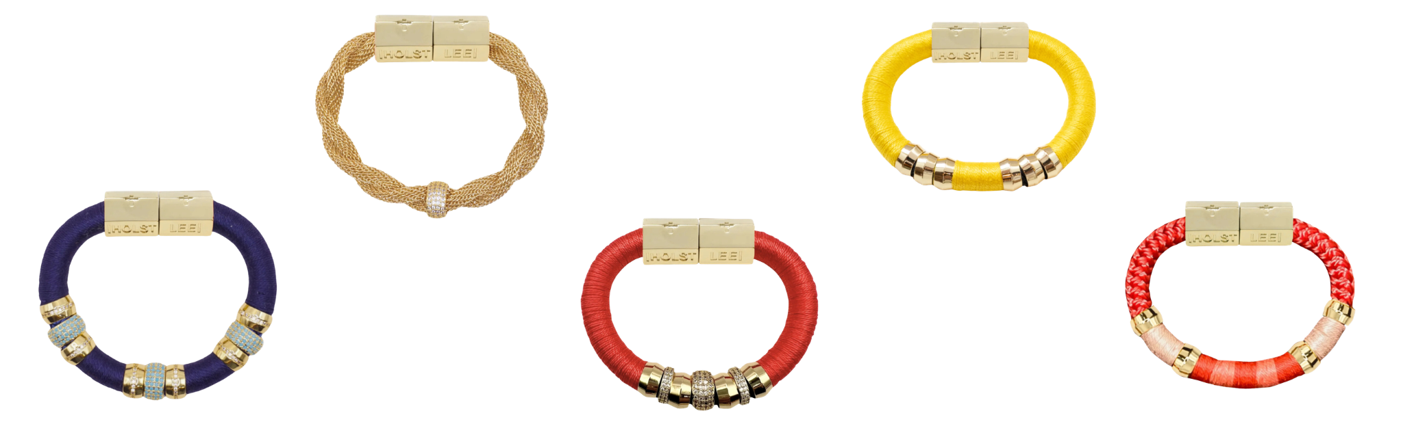 Set of six colorful bracelets with gold accents on a white background