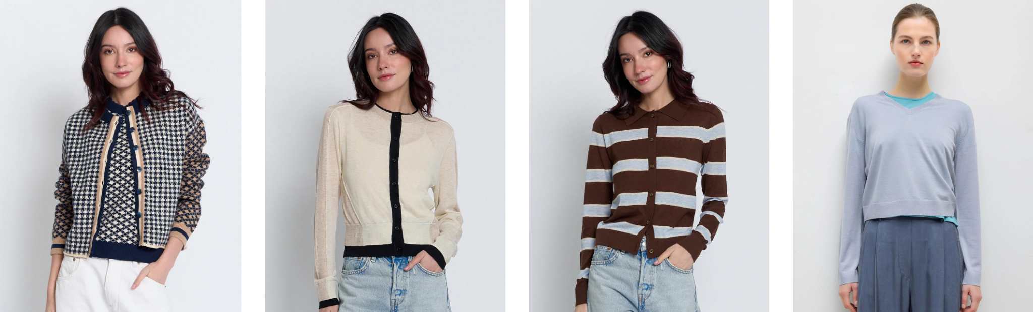 Four women modeling different knit tops against a plain light gray studio background. The garments include a black-and-white patterned jacket over a dark top with white pants, a cream cardigan with black trim, a brown-and-cream striped sweater, and a light blue long-sleeve top with a dark skirt.