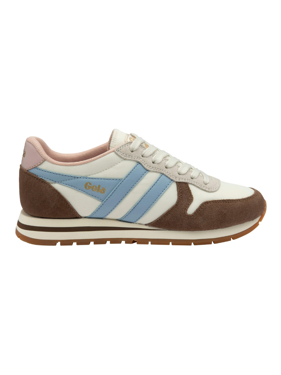 Sneaker with brown, white, and blue design on a white background