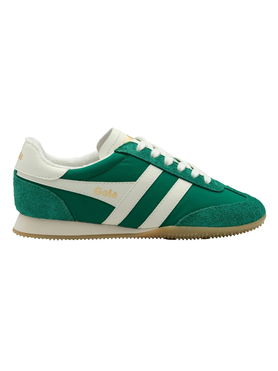 A green and white Gota brand low-top sneaker with a gum sole, shown from a side profile view on a plain white background.