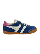 Blue sneaker with white stripes and brown sole on a white background