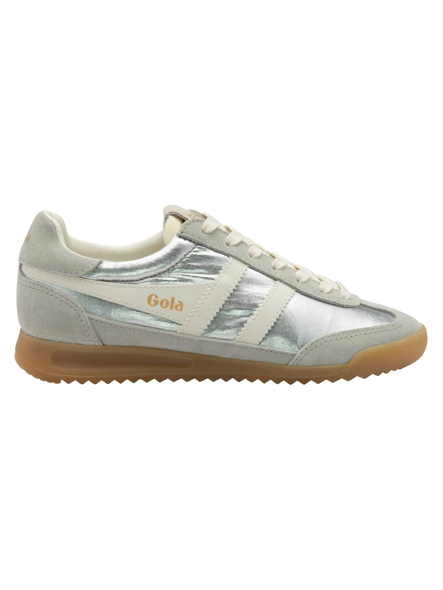 Pair of silver sneakers with white laces and brown soles on a white background