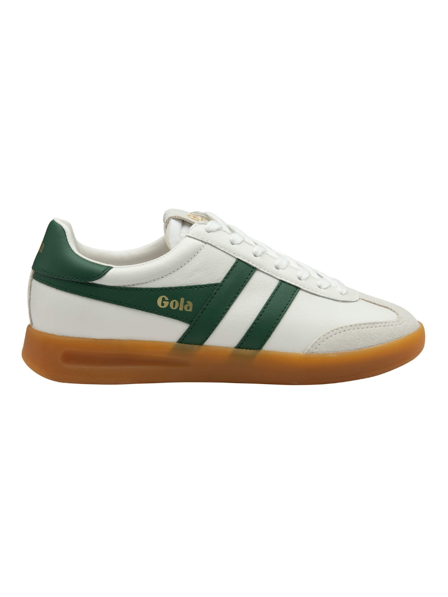 White sneaker with green stripes and brown sole on a white background