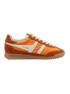 
Orange and brown Adidas sneakers with white stripes on a white background