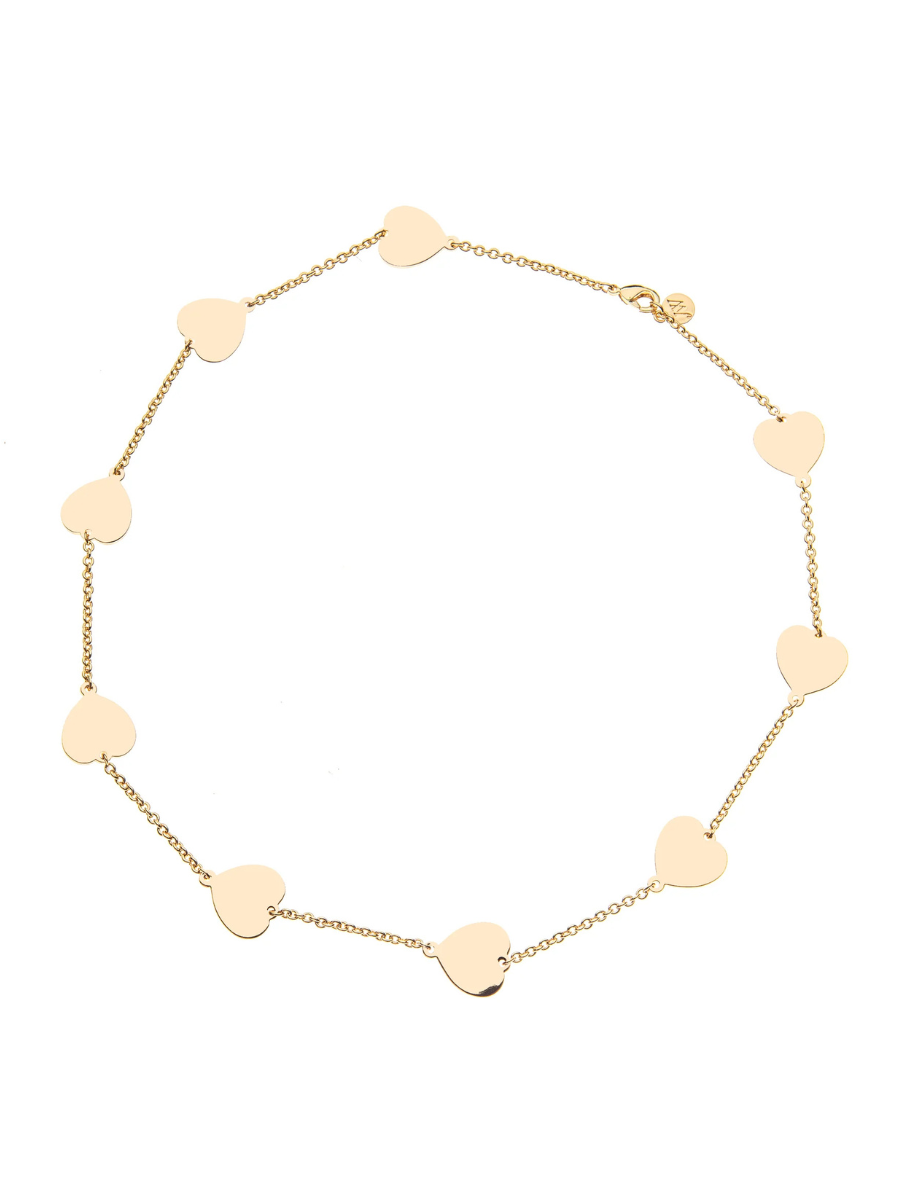 Gold necklace with heart-shaped pendants on a white background