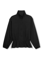 A black lightweight jacket with a high mock neck collar, long sleeves, and drawstring details at the cuffs and hem, displayed against a plain white background.