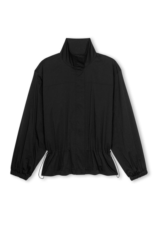 A black lightweight jacket with a high mock neck collar, long sleeves, and drawstring details at the cuffs and hem, displayed against a plain white background.