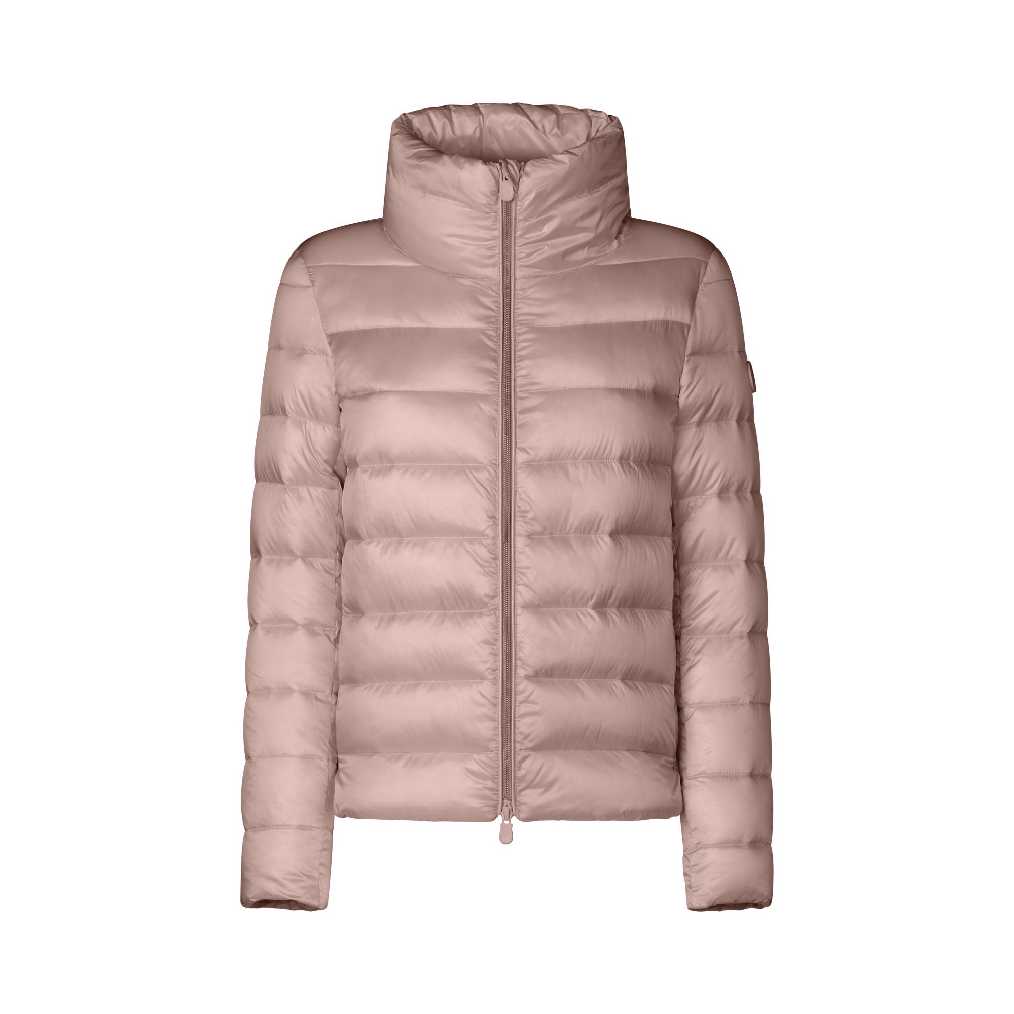 A light baby pink puffer jacket with a high stand-up collar and front zipper, shown against a plain white background.