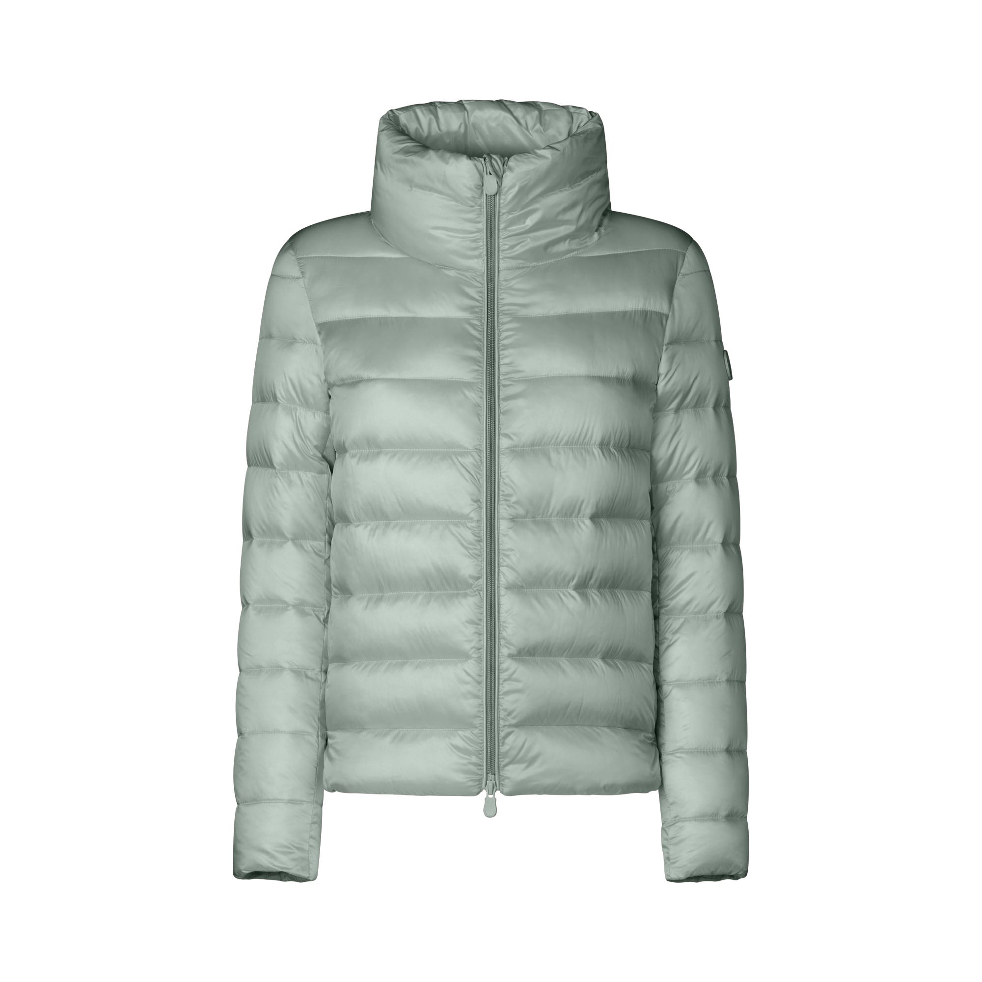 A light mint green puffer jacket with a high stand-up collar and front zipper, shown against a plain white background.